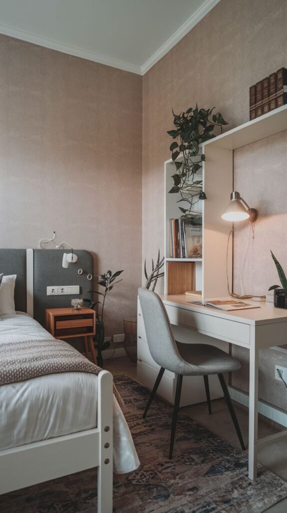 A small and cozy bedroom designed for productivity, featuring a white single bed with a gray upholstered headboard and a knitted throw. Opposite the bed, a white desk with a lamp is set against a textured light brown wall, flanked by a white bookshelf with books and trailing plants. A gray chair complements the warm, neutral tones of the room.