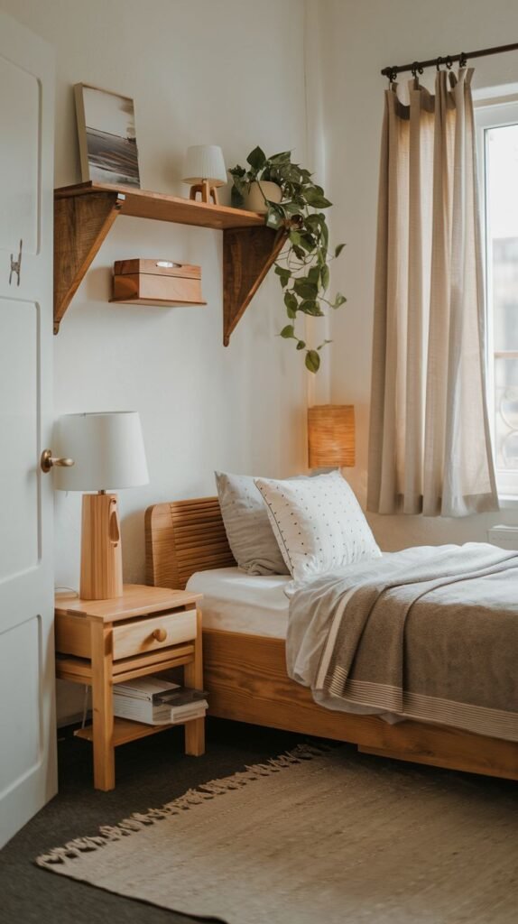 A small and cozy bedroom with a wooden bed dressed in light gray and white striped bedding, with a dotted pillow. A wooden nightstand with drawers and two lamps sits beside the bed. Above it, a rustic wooden shelf holds a framed picture and a trailing plant. The room has light-colored walls and curtains, providing a serene and simple feel.
