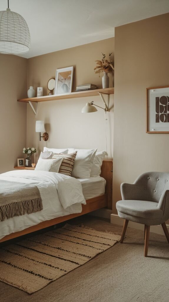 A cozy and small aesthetic bedroom with a wooden bed, dressed in white bedding with neutral-toned pillows and a light brown throw. A long wooden shelf above the bed holds various decorative objects and a small lamp. An upholstered gray armchair sits on a woven rug, contributing to the room's inviting and minimalist decor. The walls are a warm beige.