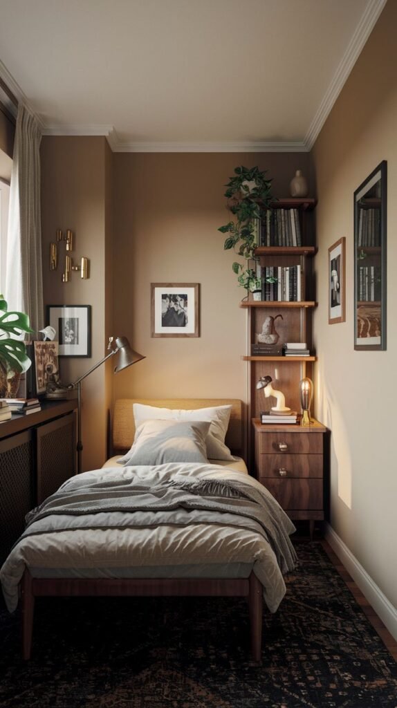A small and cozy bedroom with warm beige walls and a single wooden bed, dressed in gray bedding and a warm gray throw. A dark wooden nightstand with drawers holds a lamp, and a tall corner shelf is filled with books and plants. A large dark patterned rug adds depth to the room, while a desk with a lamp and plant sits by the window.
