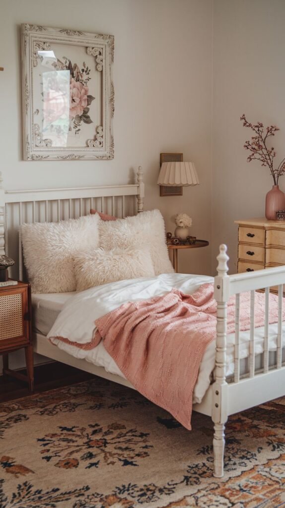 A cozy and small aesthetic bedroom features a white wooden bed with an ornate headboard, generously layered with fluffy white and pink pillows and a pink knitted throw. A large framed floral artwork hangs above the bed. A small round side table with flowers and a wooden chest of drawers add to the charming and inviting atmosphere of the room.