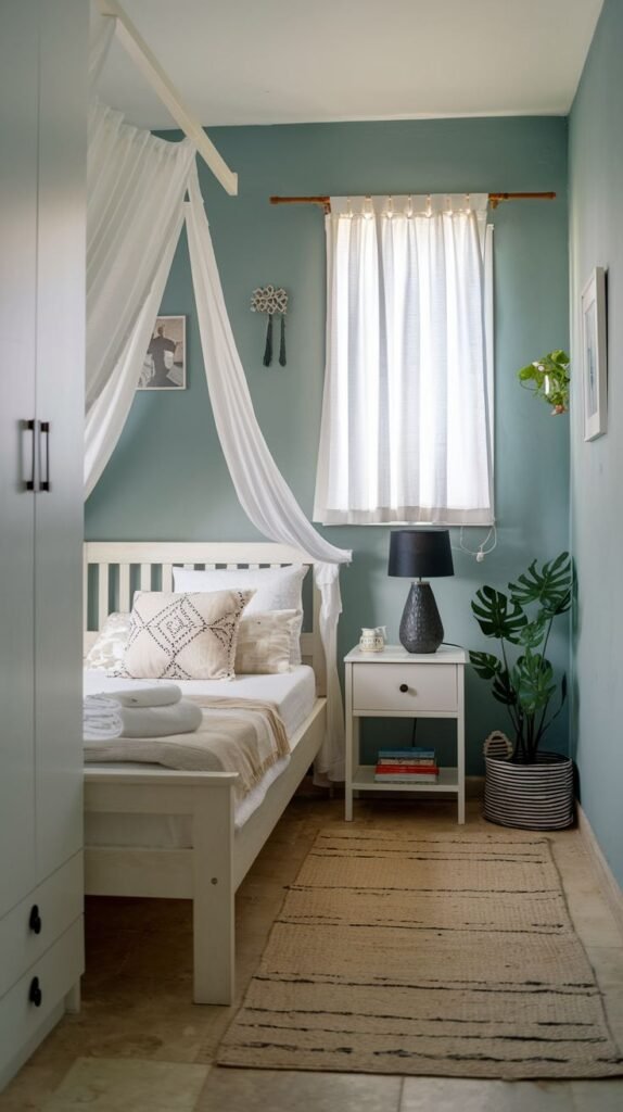 A small and cozy bedroom in a calming teal color, featuring a white wooden bed with a white canopy draped over it. White bedding and patterned pillows, along with a stack of fresh towels, enhance the inviting feel. A white nightstand with a black lamp and a large plant in a striped basket sit next to the bed. White curtains frame the window.