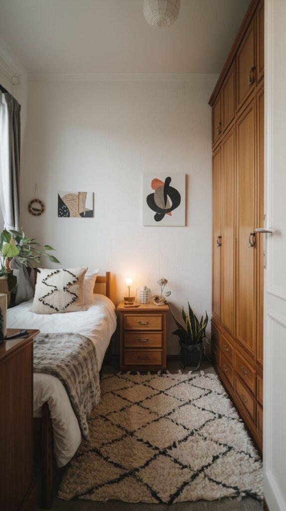 A small and cozy bedroom with white walls and a light wooden bed, dressed in white bedding with a distinctive patterned pillow and a gray throw. A tall wooden wardrobe with multiple drawers dominates one wall, providing ample storage. A warm light from a small lamp on a wooden nightstand illuminates the space, which is anchored by a large white and black patterned rug.