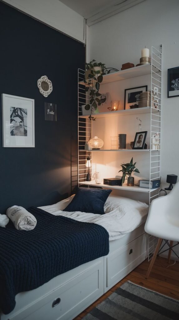 A small and cozy bedroom with a dark blue accent wall behind a white single bed that includes storage drawers underneath. The bed is adorned with a dark blue knitted blanket and matching pillow. A tall white shelving unit next to the bed is filled with books, plants, and decorative items, illuminated by warm string lights, creating a very inviting ambiance.