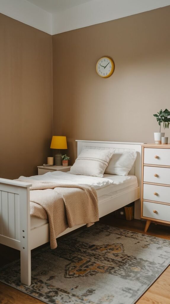 A small and cozy bedroom with warm brown walls and a white wooden bed, dressed in white bedding and a light beige knitted throw. A light wooden dresser with white drawers and round wooden pulls adds a touch of modern design. A yellow wall clock and a yellow table lamp on a small nightstand provide a pop of color to the inviting space.