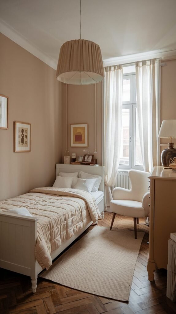 A small and cozy bedroom with soft peach-colored walls and a white single bed, dressed in light beige bedding and a quilted throw. A large, neutral-toned fabric pendant lamp hangs from the ceiling. White sheer curtains frame a tall window, allowing natural light to fill the room, which also features an armchair and a wooden dresser.