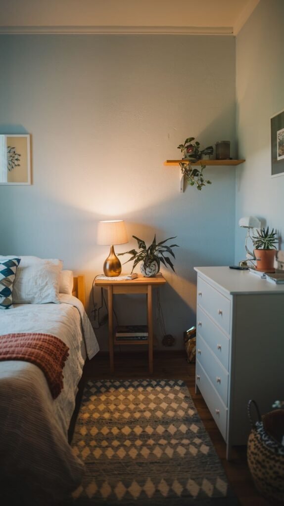 A small and cozy bedroom with light blue walls and a light wooden bed, dressed in white bedding with a dark patterned pillow and a reddish-brown throw. A wooden nightstand holds a lamp and a small plant. A light gray dresser with white handles is against the opposite wall. A gray and white geometric rug adds a touch of pattern to the warm space.