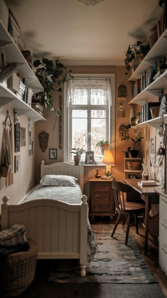 A small and cozy bedroom with a white single bed, adorned with a patterned duvet and a throw. The room is lined with white shelves packed with books and green plants, creating a lush, lived-in feel. A wooden nightstand with a lamp sits beside the bed, near a window with a lace curtain. A wooden desk and chair are also visible, adding to the room's functional charm.