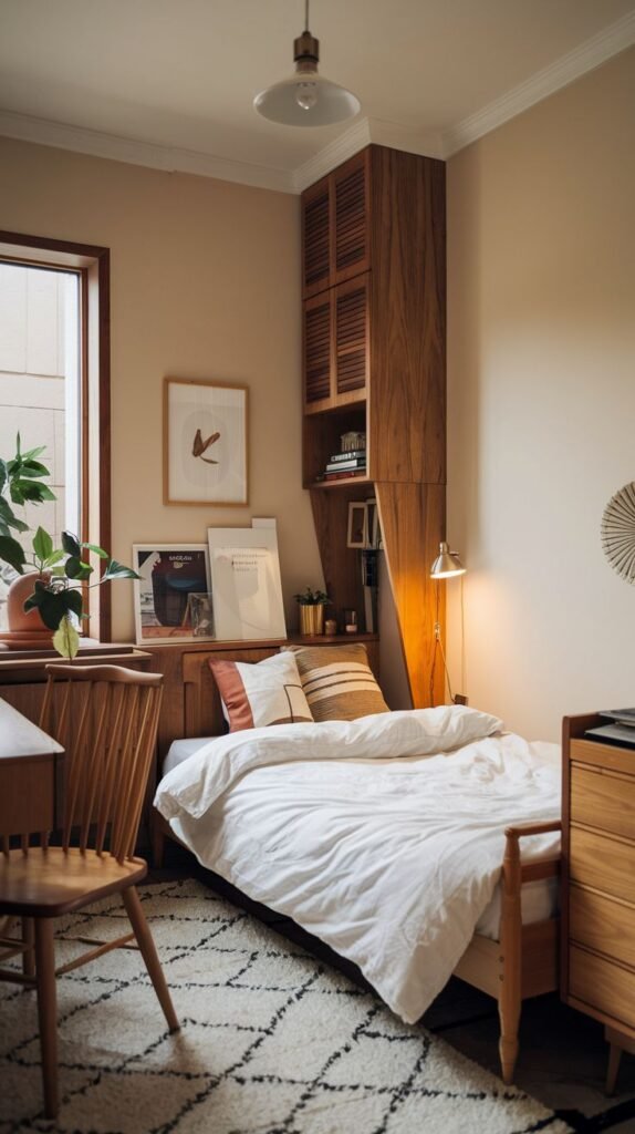 A small and cozy bedroom with a warm beige color scheme, featuring a wooden single bed with white bedding. A tall wooden cabinet with open shelves and closed compartments acts as a bedside unit, holding books and decorative items, and is illuminated by a small lamp. A wooden chair and a white and black patterned rug complete the inviting space.