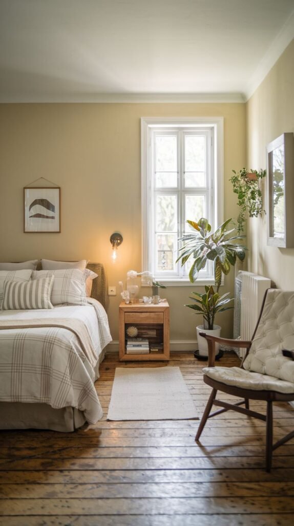 A cozy and small aesthetic bedroom with light green walls and a wooden bed, dressed in white and plaid bedding. A wooden nightstand with a lamp and drinks sits beside the bed. A large window with white frames lets in ample natural light, and a large green plant adds vibrancy. A simple rug and a wooden chair complete the serene and inviting atmosphere.