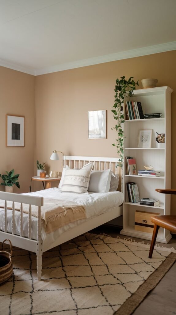 A small and cozy bedroom with a light brown wall color, featuring a white wooden bed dressed in white bedding with a patterned pillow and a light brown throw. A tall white bookshelf is filled with books and trailing green plants. A white and black patterned rug and a small side table with a lamp contribute to the room's warm and inviting character.