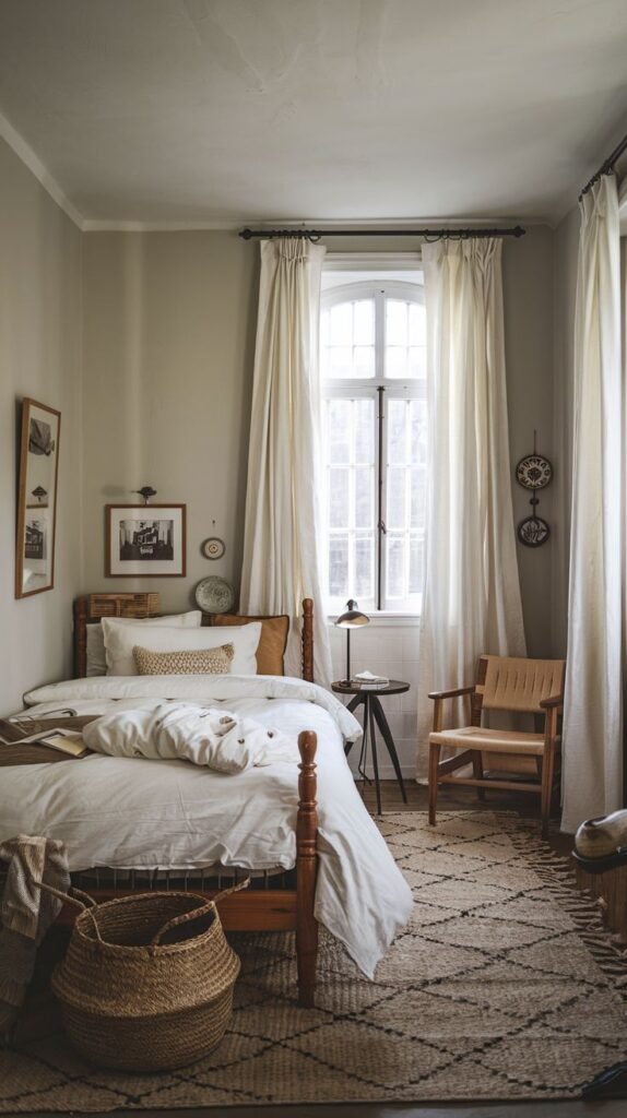 A small and cozy bedroom with light gray walls, featuring a wooden bed with white bedding. A tall window is framed by sheer white curtains, creating a bright and airy feel. A small round table with a lamp and a woven basket are placed next to the bed. A patterned rug with diamond shapes covers the floor, adding texture and warmth to the inviting space.