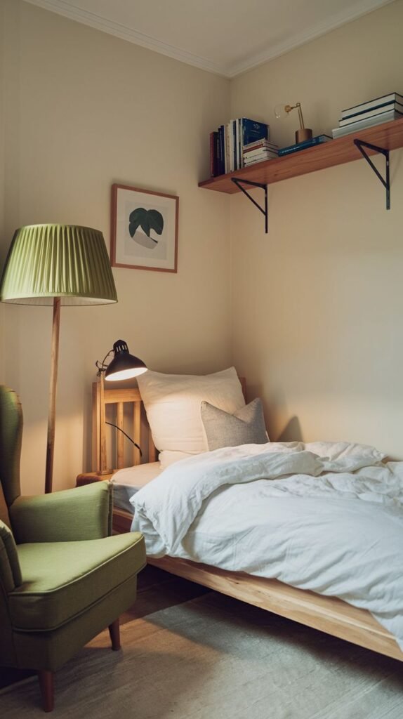 A small and cozy bedroom with light beige walls and a wooden single bed, dressed in white bedding and a light gray pillow. A tall green floor lamp and a green armchair create a vibrant corner. A wooden shelf on the wall holds books and a framed artwork, contributing to the room's inviting and personal feel.