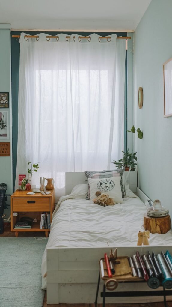 A small and cozy bedroom with light blue walls and a white single bed, dressed in white bedding with a patterned pillow and a light-colored throw. A large window with sheer white curtains allows light into the space. A wooden nightstand with a lamp and various small items is next to the bed, contributing to the room's comfortable and lived-in ambiance.