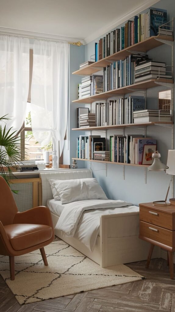 A small and cozy bedroom with light blue walls and a white single bed. Extensive wooden shelving units filled with books line one wall, creating a library-like atmosphere. A comfortable brown leather armchair is positioned near the window with sheer white curtains. A dark wooden dresser and a desk lamp on a bedside table add to the room's functional yet inviting design.