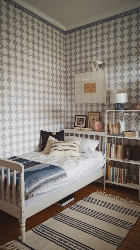 A small and cozy bedroom with distinctive blue and white patterned wallpaper on one wall, featuring a white single bed with a blue and white striped throw and patterned pillows. A white open bookshelf filled with books and decorative items stands next to the bed. A striped rug in coordinating colors adds to the room's charming and inviting character.