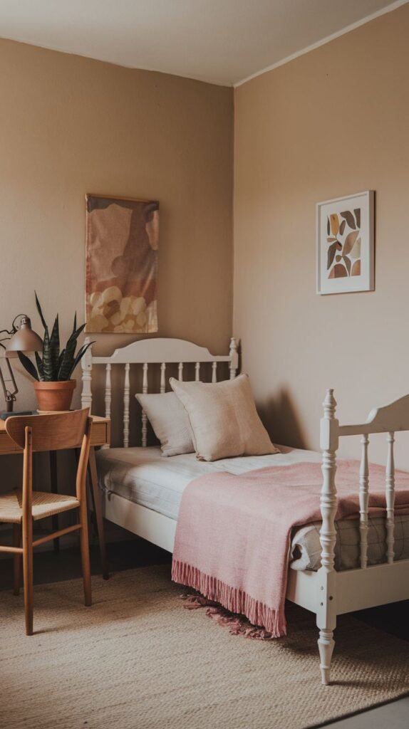 A small and cozy bedroom featuring a white single bed with a slatted headboard, dressed in light bedding and a pink throw. The walls are a warm brown, with two abstract artworks hanging. A wooden desk with a lamp and a snake plant is located next to the bed, enhancing the room's serene and simple aesthetic. A light-colored textured rug covers the floor.