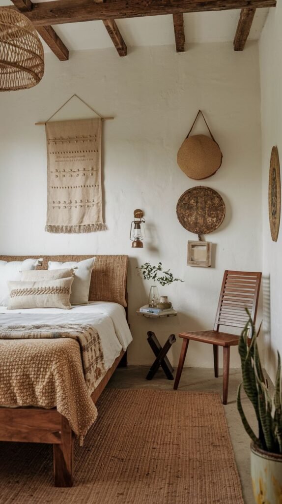 A cozy and small rustic bedroom with white walls and exposed wooden ceiling beams. A wooden bed with a woven headboard is dressed in neutral-toned bedding and a textured throw. A woven wall hanging and several woven decorative items adorn the wall. A small wooden table and a chair complete the room's natural and inviting aesthetic.
