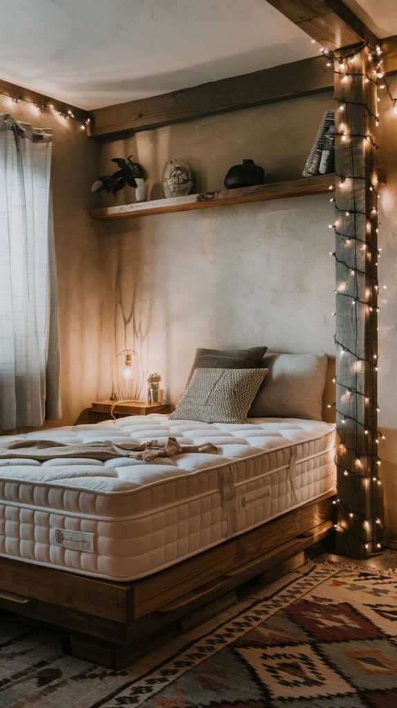 A cozy and small bedroom with a rustic charm, featuring a mattress on a wooden platform bed. String lights are draped around a large wooden beam, adding a magical glow. A wooden shelf above the bed holds plants and decorative items. A patterned rug with warm tones covers the floor, enhancing the inviting and intimate atmosphere.