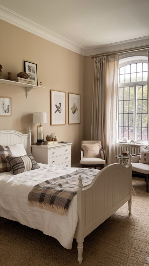 A cozy and small aesthetic bedroom with warm beige walls, featuring a white wooden bed with a white comforter and a plaid throw. Two bedside tables flank the bed, one with a lamp. A large window with beige curtains provides natural light. Two armchairs and framed artworks complete the elegant and inviting room.