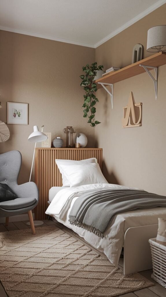 A small and cozy bedroom with warm beige walls and a white single bed with a slatted wooden headboard, dressed in white bedding and a gray throw. A gray armchair with wooden legs sits next to a white floor lamp. A wooden shelf on the wall holds plants and decorative items, contributing to the room's minimalist yet inviting feel. A patterned rug is on the floor.