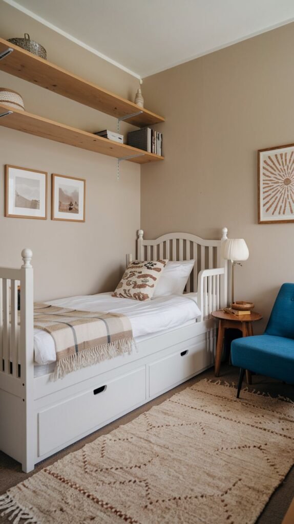 A small and cozy bedroom with warm beige walls, featuring a white single bed with two pull-out storage drawers, dressed in white bedding and a light brown plaid throw. Two wooden shelves with decorative items are mounted on the wall. A vibrant blue armchair provides a pop of color, adding to the room's comfortable and inviting appeal.