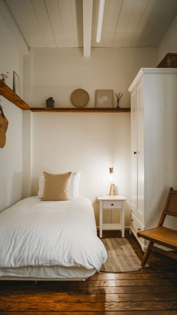 A small and cozy bedroom with white walls and a white wooden ceiling with exposed beams. A white single bed with white bedding and a light brown pillow is positioned next to a small white nightstand with a lamp. A tall white wardrobe and a wooden chair are also present, creating a clean and simple yet inviting space.