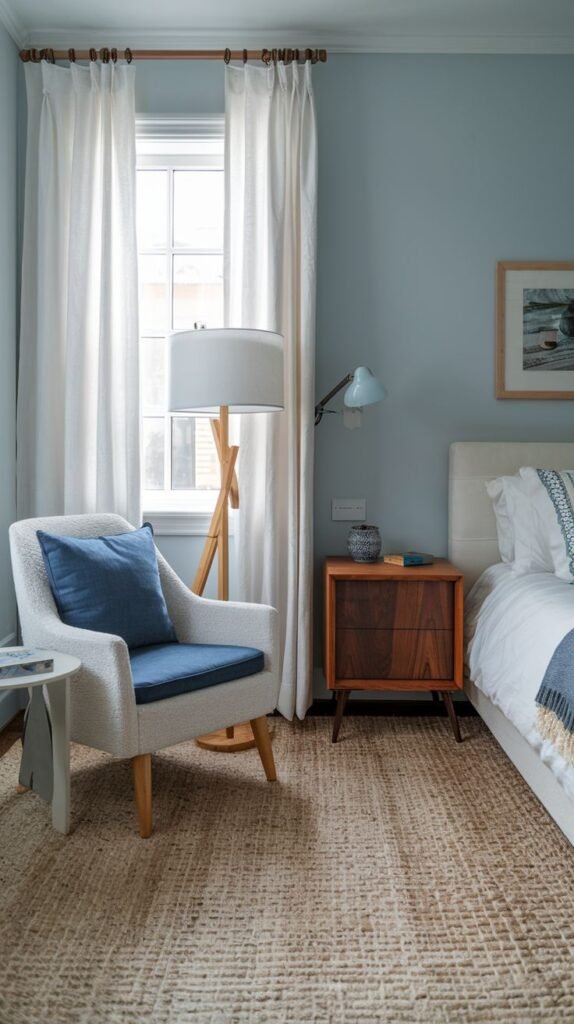 A cozy and small aesthetic bedroom with light blue walls and a white bed, dressed in blue and white bedding. A wooden nightstand with drawers and a lamp is next to the bed. A comfortable white armchair with a blue pillow sits near the window with white curtains, creating a serene and inviting space. A textured rug covers the floor.