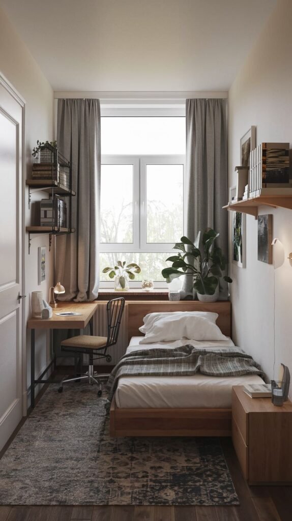 A small and cozy bedroom with light beige walls and a wooden bed with white bedding and a green plaid throw. A large window with gray curtains allows natural light. A wooden desk with a chair and a lamp is positioned on one side, while a wooden nightstand with a lamp sits on the other. Shelves on the walls hold books and plants, enhancing the room's functional and inviting appeal.