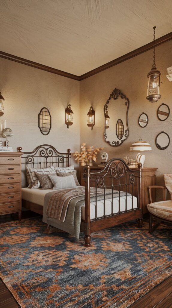 A cozy and small aesthetic bedroom with warm textured walls and a wrought-iron bed frame with an ornate headboard, dressed in neutral and orange-toned bedding. Ornate mirrors and lanterns adorn the walls, creating a distinct, ambient lighting. A wooden dresser and a chair with a patterned cushion are also visible, completing the room's rich and inviting decor.