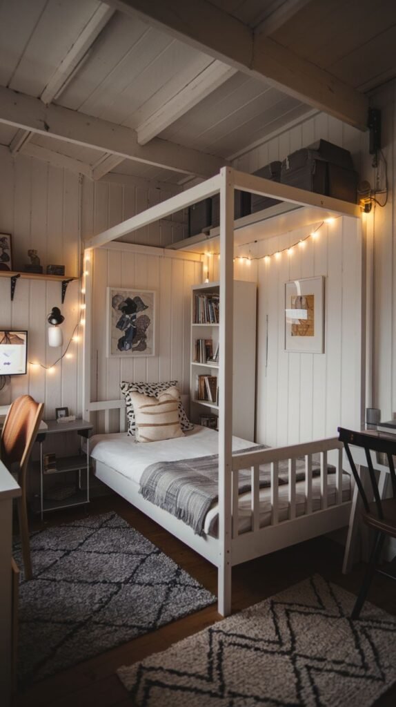 A small and cozy bedroom with white paneled walls and a white four-poster bed, adorned with string lights that add a whimsical glow. A patterned rug covers the floor, contributing to the room's inviting texture. A white bookshelf is integrated into the wall paneling, creating a seamless storage solution in this charming and compact space.