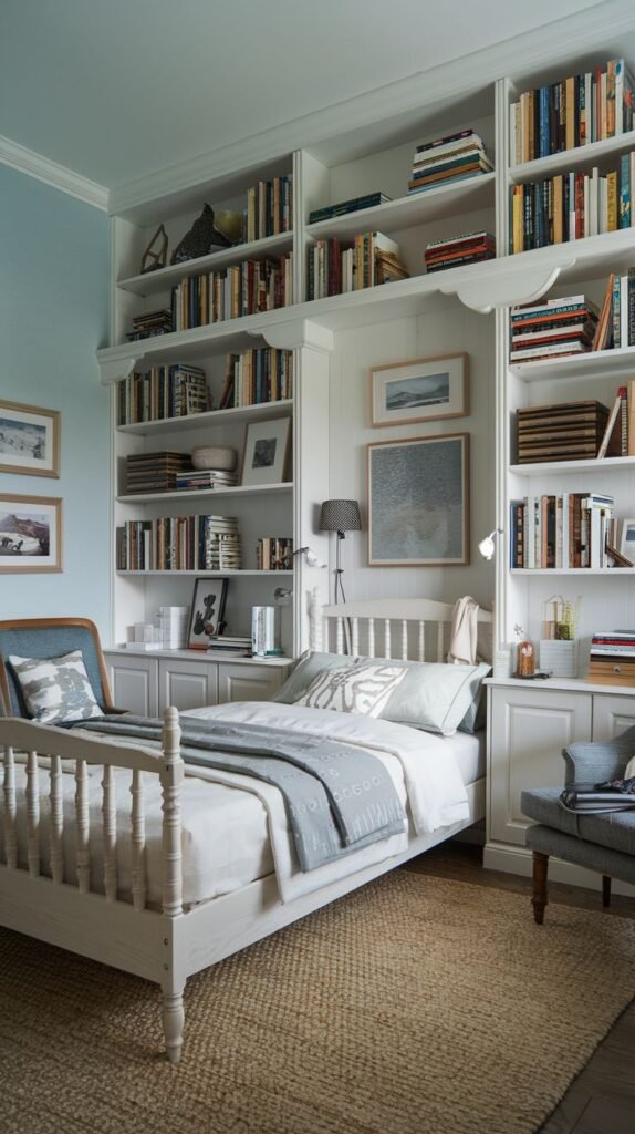 A small and cozy bedroom that maximizes storage with extensive built-in white bookshelves filled with books and decorative items, framing a white single bed with gray and white bedding. Light blue walls and a woven rug contribute to a calming palette. Two armchairs, one blue and one gray, provide additional seating, adding to the room's inviting feel.