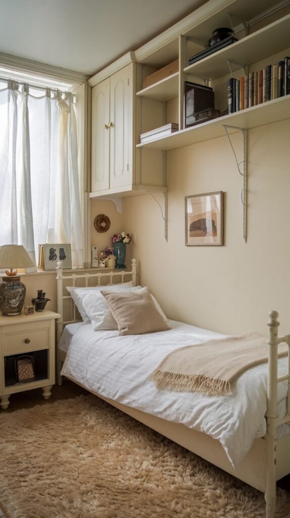 A small and cozy bedroom features a white single bed with white bedding and a light brown throw, positioned next to a wooden nightstand with a lamp and framed photos. Above the bed, a built-in light-colored cabinet and shelves are filled with books and decorative items. The room has light yellow walls and a shaggy light brown rug, creating a warm, inviting atmosphere.