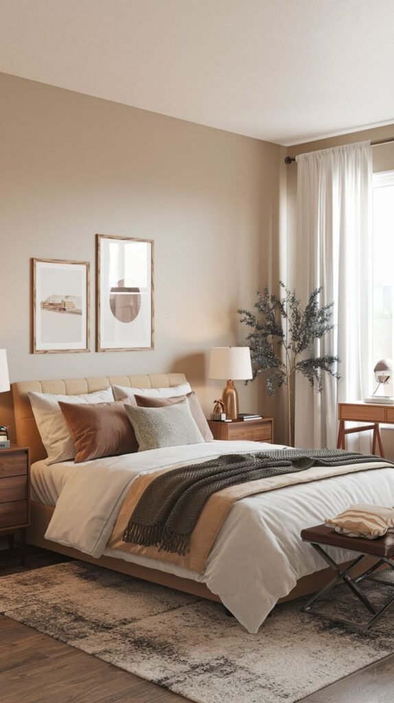 A cozy and small aesthetic bedroom with a large bed featuring a beige upholstered headboard, dressed in neutral-toned bedding with brown and olive pillows and a deep olive throw. The walls are painted a warm beige, complemented by two framed abstract artworks. A tall plant and bedside tables with lamps add to the room's relaxed and inviting atmosphere. A patterned rug is on the floor.