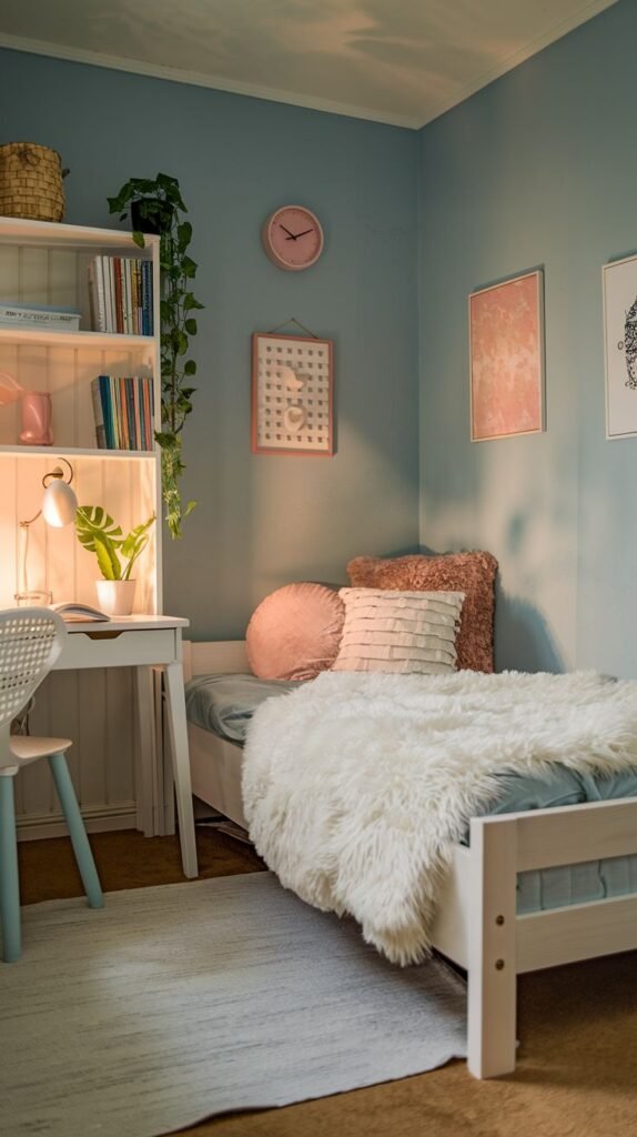 A small and cozy blue-green bedroom with a white single bed, generously topped with a fluffy white throw and pink accent pillows. A white desk with a lamp and a small plant is situated by a white bookshelf, also holding books and plants. A pink wall clock and framed art add pops of color, creating a youthful and cheerful ambiance.
