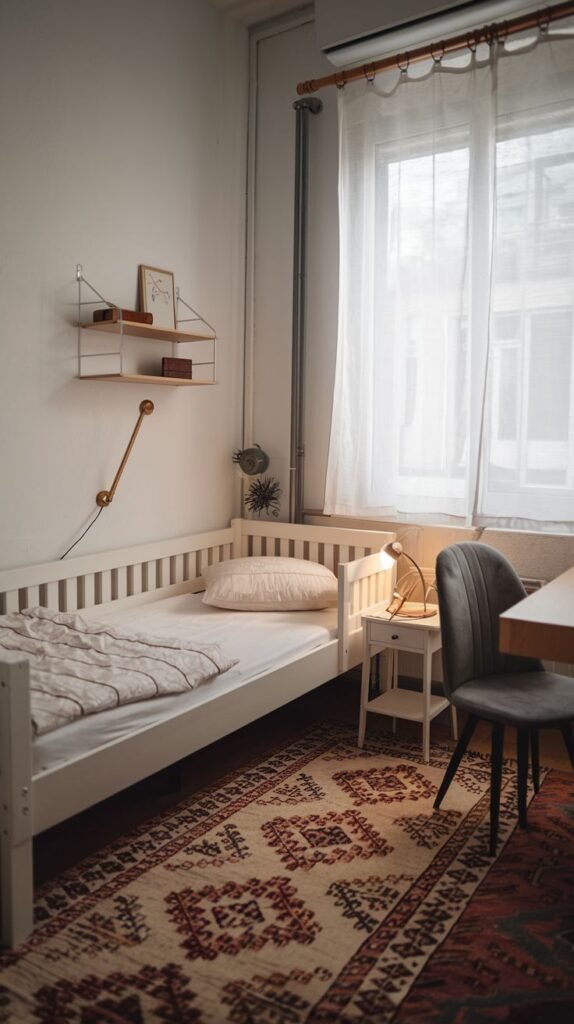 A small and cozy bedroom featuring a white single bed with a simple white duvet and a light pillow. Near the window with sheer white curtains, a small white nightstand holds a lamp. A distinctive patterned rug in shades of red, beige, and black covers the floor, adding warmth and character to the compact space.