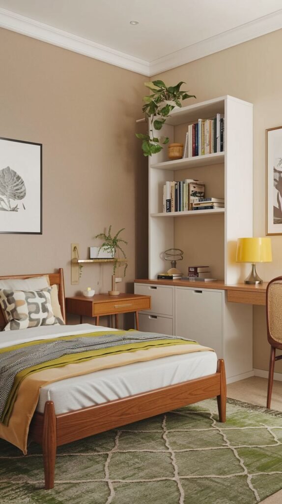 A small and cozy bedroom centered around a wooden bed with an intricate headboard, dressed in white bedding with a yellow and green patterned throw. The room features a built-in white shelving unit with drawers, acting as both a bookshelf and a desk area with a bright yellow lamp. A large plant hangs from the top shelf, adding a touch of greenery to the warm, inviting space.