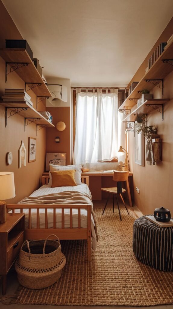 A small and cozy bedroom with terracotta-colored walls and a light wooden single bed, adorned with light bedding and a yellow accent pillow. The room features extensive open wooden shelving filled with books and small decorative items, creating a rich, organized look. A woven rug covers the floor, and a wooden desk with a lamp is positioned near the window with white curtains.