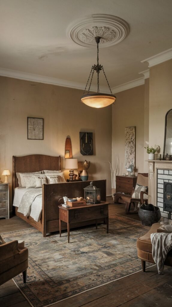 A spacious, cozy, and vintage bedroom showcases a dark wooden bed with light bedding, positioned beneath a decorative ceiling medallion with a vintage-style chandelier. A patterned rug with muted blues and browns grounds the room, which also features a fireplace, a large mirror, and various decorative items that enhance its aged charm.