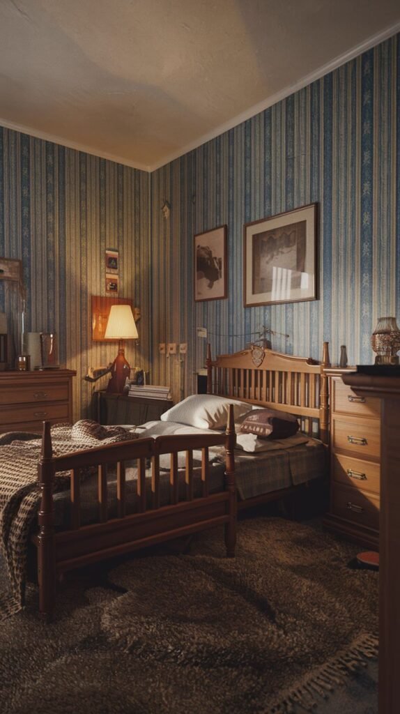 A cozy and vintage bedroom with striped blue and white wallpaper and dark wooden furniture. A wooden bed with patterned bedding is illuminated by a vintage-style lamp on a wooden nightstand. A dark, shaggy rug covers the floor, adding significant warmth and softness to the room's traditional and intimate feel.