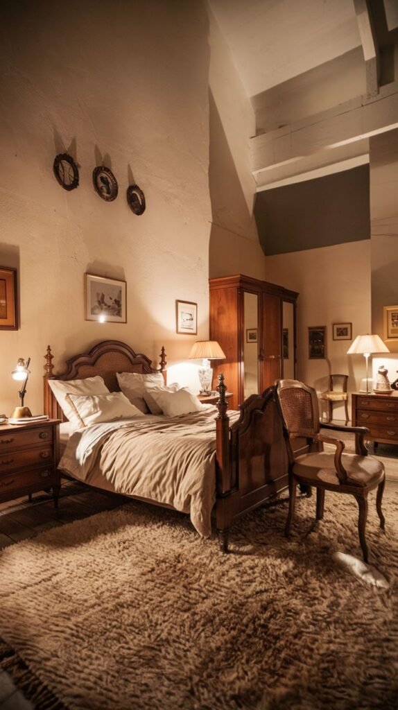 A cozy and vintage bedroom featuring a wooden bed with decorative posts and light bedding, set against textured light walls. A large, fluffy beige rug covers a significant portion of the dark wooden floor, enhancing the room's coziness. A wooden armoire, nightstands with lamps, and an antique chair complete the classic and inviting decor.
