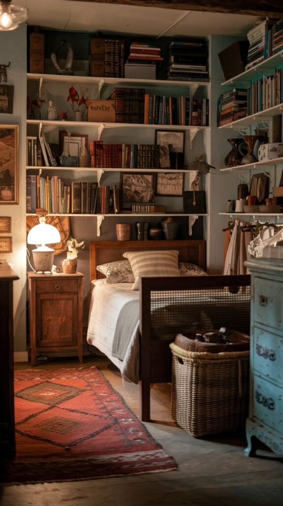 A cozy and vintage bedroom designed with a wall of white shelving filled with books and decorative items. A wooden bed with a cane headboard and patterned pillows is tucked against the shelves. A red and black patterned rug lies on the wooden floor, and a large woven basket sits near the bed, creating a comfortable and well-read ambiance.