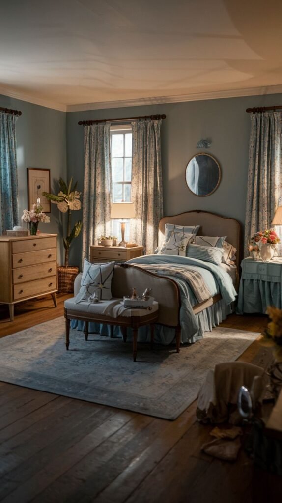 A serene, cozy, and vintage bedroom in shades of light blue, with matching floral curtains and bedding. A beige upholstered bed with a rounded headboard is central, flanked by coordinating nightstands. A light blue patterned rug covers the floor, complementing the room's gentle palette and classic, inviting feel.