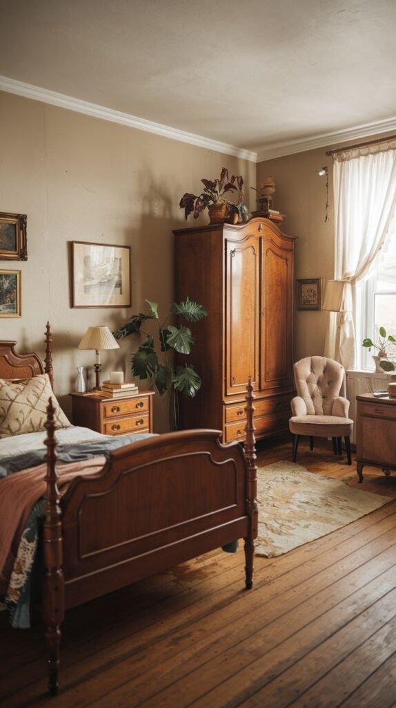 A cozy and vintage bedroom with light beige walls and dark wooden furniture. A wooden bed with a decorative headboard and footboard is central, dressed with layered bedding. A large wooden wardrobe and a plush pink armchair are also visible. A subtle patterned rug on the wooden floor and plants contribute to the room's warm and inviting character.
