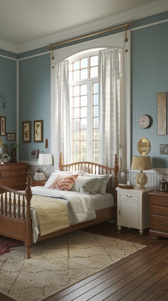 A bright, cozy, and vintage bedroom with light blue walls and a large, multi-paned window adorned with sheer white curtains. A wooden spindle bed with light bedding and a yellow throw is central. A light-colored, textured rug is on the wooden floor, and wooden nightstands with lamps complete the room's airy yet classic appeal.