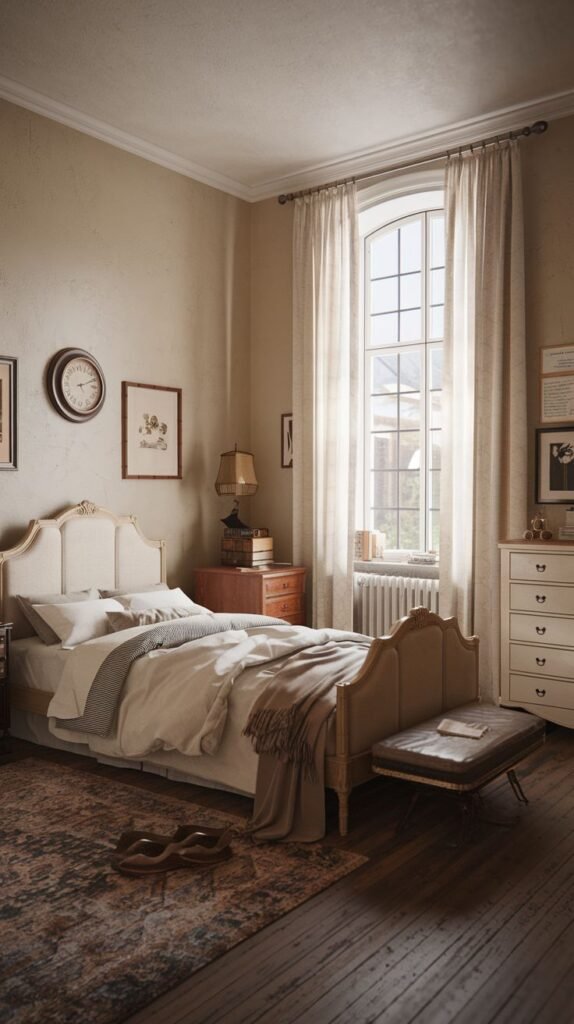A sophisticated, cozy, and vintage bedroom with light-colored walls and a large arched window with long drapes. An upholstered bed with a decorative headboard and footboard is central, dressed in light bedding. A patterned rug with muted tones lies on the wooden floor, and a white dresser and a small bench add to the room's refined and comfortable elegance.