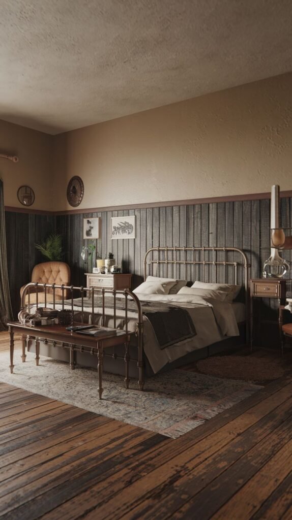 A cozy and vintage bedroom with light beige walls and dark wooden paneling. A dark metal bed frame with light bedding is central, with a matching bench at the foot. A patterned rug in muted blues and browns adds warmth to the wooden floor. Vintage decor and a comfortable armchair contribute to the room's inviting, rustic appeal.