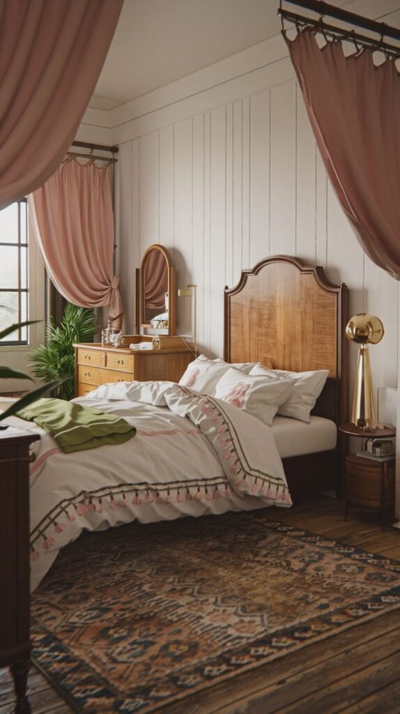 A cozy and vintage bedroom with a wooden bed and a tall, decorative headboard. Pink curtains frame a large window, adding a touch of color to the otherwise light-toned walls. A patterned rug lies on the hardwood floor, and a wooden dresser with a mirror and a golden lamp are also present, creating a soft and inviting ambiance.