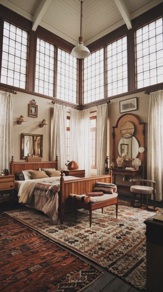 A bright, cozy, and vintage bedroom with exceptionally tall, multi-paned windows that flood the room with light. A wooden bed with light bedding is central, and a patterned rug in warm, earthy tones covers the wooden floor. A large vanity with a mirror and various wooden furniture pieces enhance the room's classic and comfortable elegance.