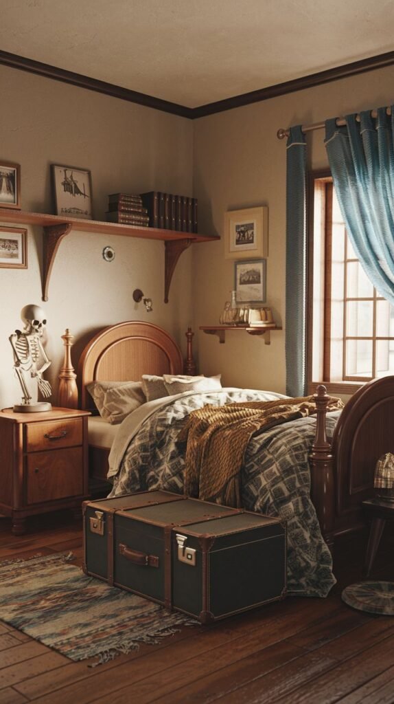 A unique, cozy, and vintage bedroom featuring a wooden bed with a rounded headboard and patterned bedding. Blue curtains adorn the window, and a small, rustic rug lies on the wooden floor. A shelf with books and an intriguing skeleton figurine on the nightstand add character, giving the room a distinctly antique and lived-in feel.